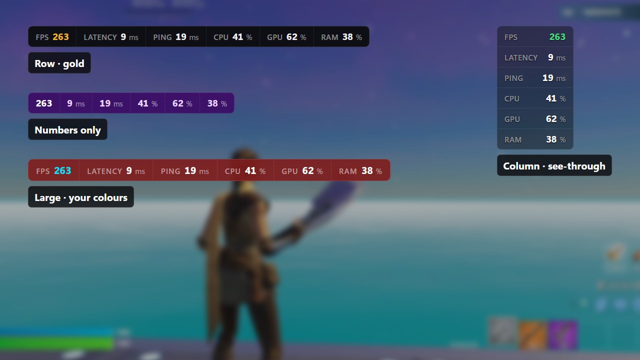Four looks of the Winsmate FPS overlay: a gold row, numbers only, a large red one and a see-through column